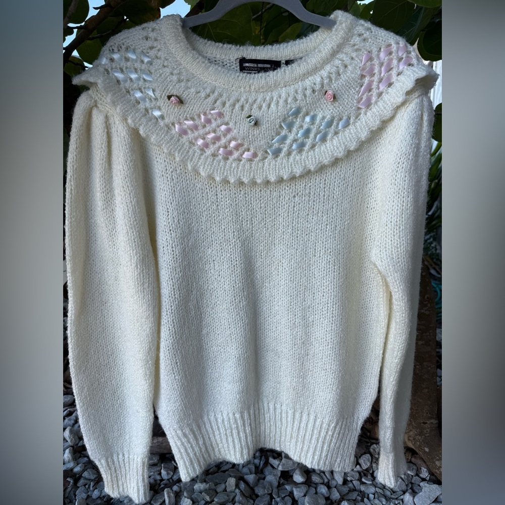 White Cream Vintage Spring Easter Sweater with Pastel Ribbon Bows and Rosebuds 🎀